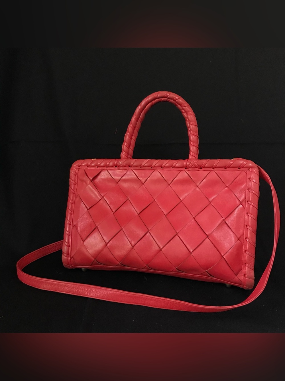 Vintage Donna Karan Purse Crossbody Structured Red Woven Leather Whipstitch Bag